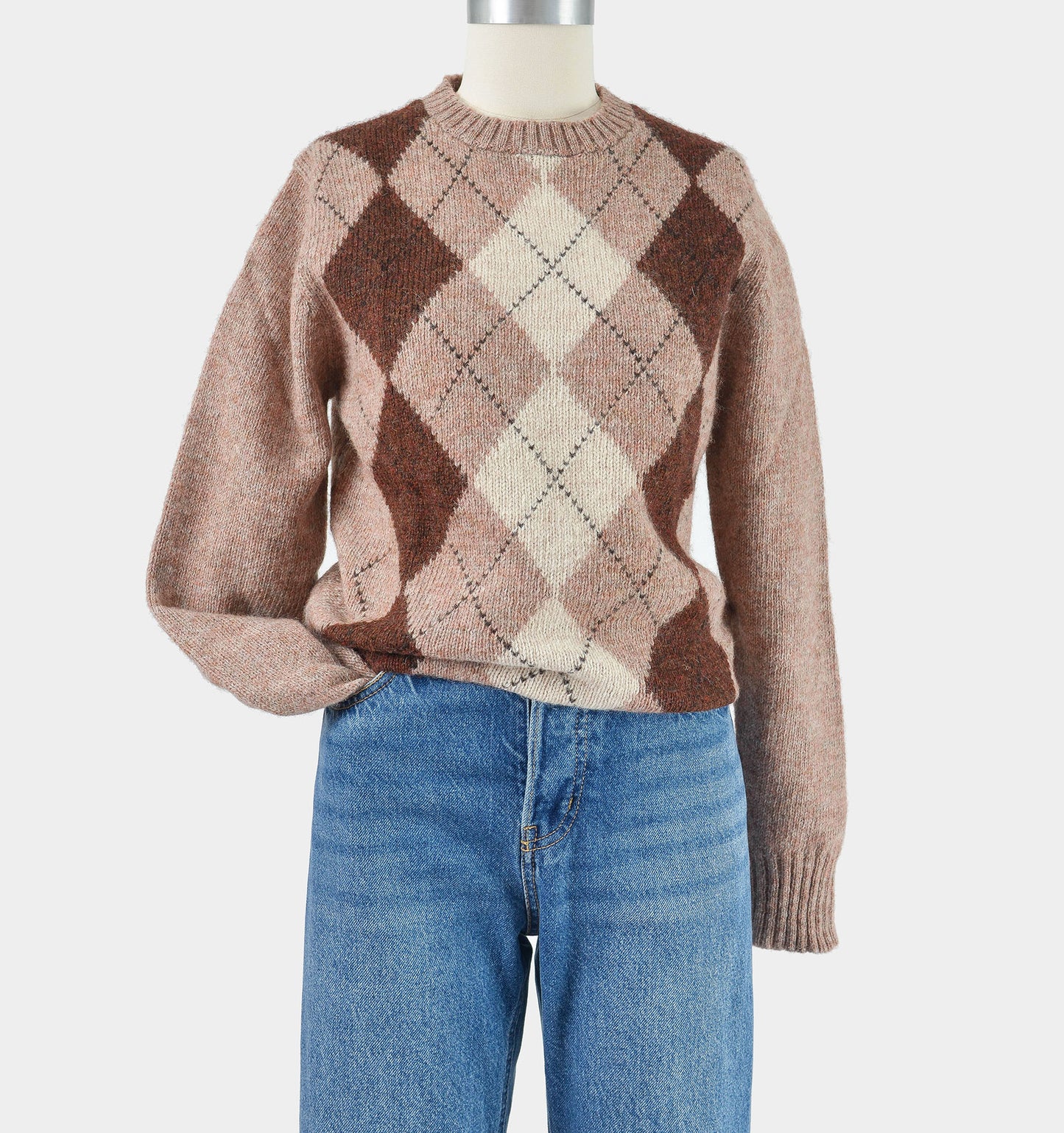 Vintage 80s Brown Argyle Wool Blend Academia Preppy Crewneck Sweater size S M