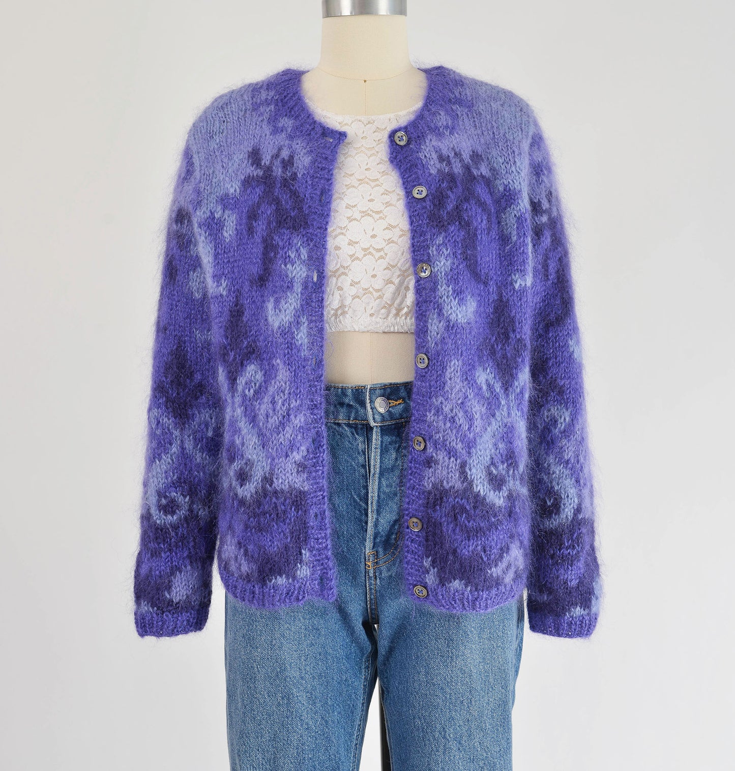 Vintage 90s Purple Damask Mohair Button Down Sweater Cardigan size S