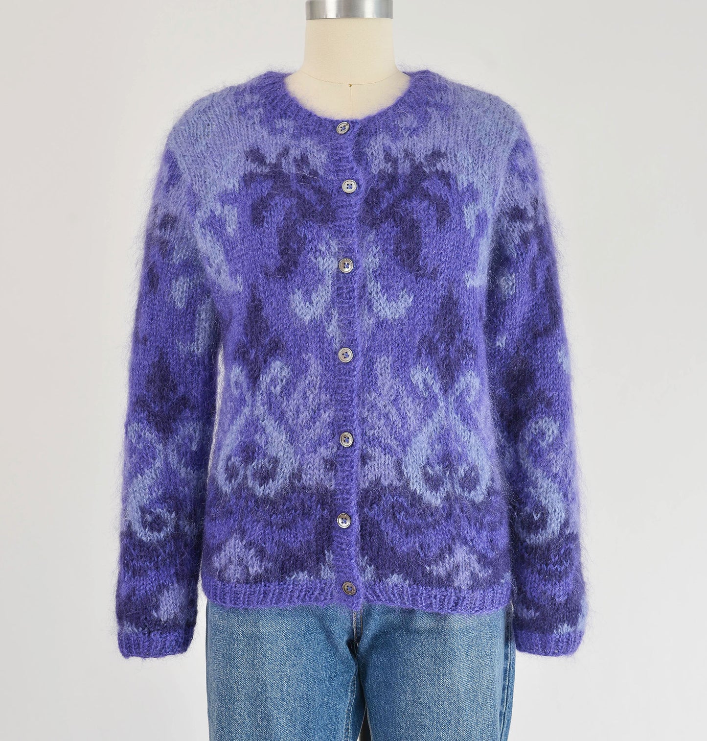 Vintage 90s Purple Damask Mohair Button Down Sweater Cardigan size S