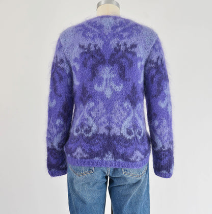 Vintage 90s Purple Damask Mohair Button Down Sweater Cardigan size S