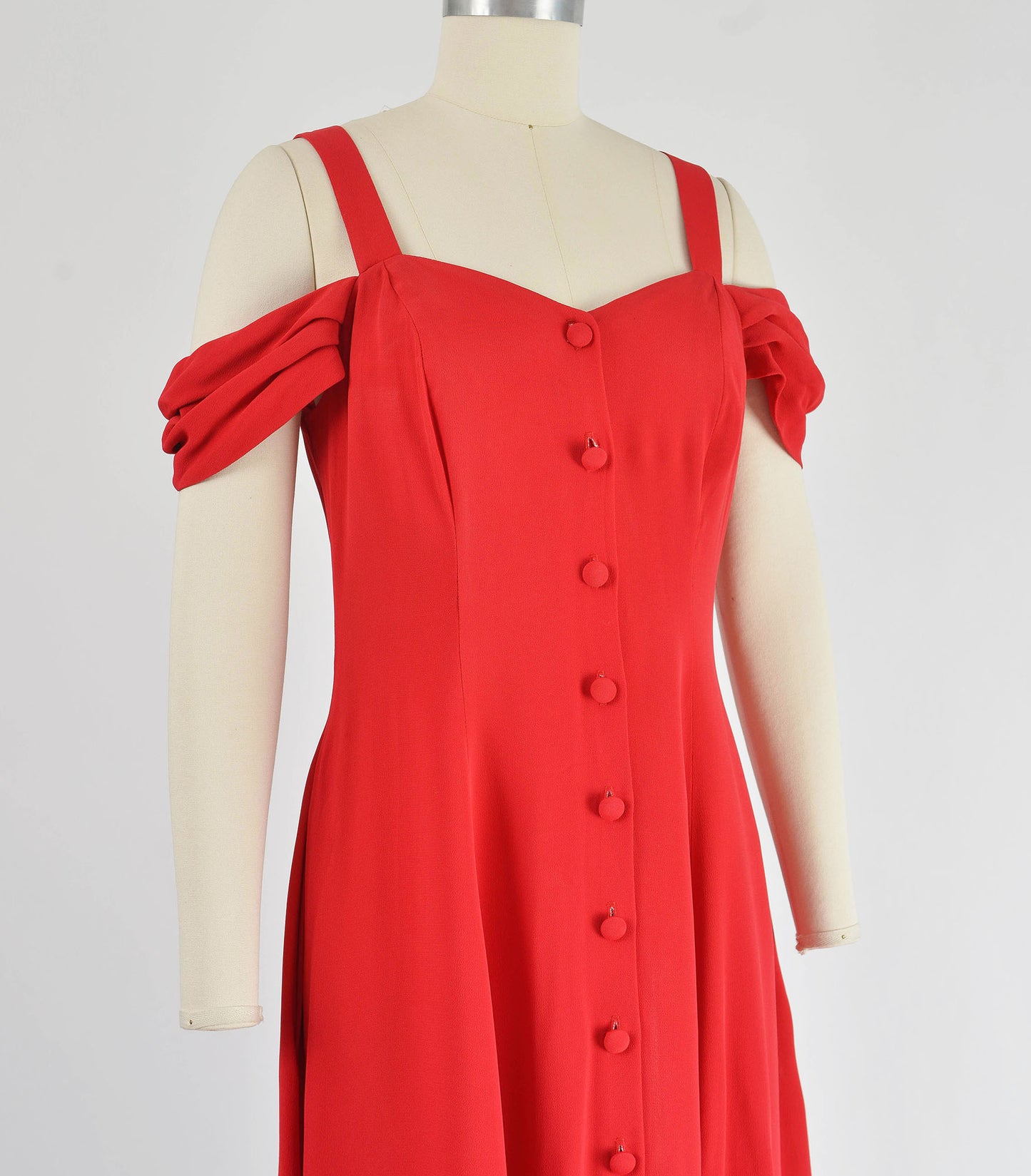 Vintage 90s Red Off Shoulder Button Front Midi Dress size S