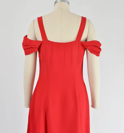 Vintage 90s Red Off Shoulder Button Front Midi Dress size S