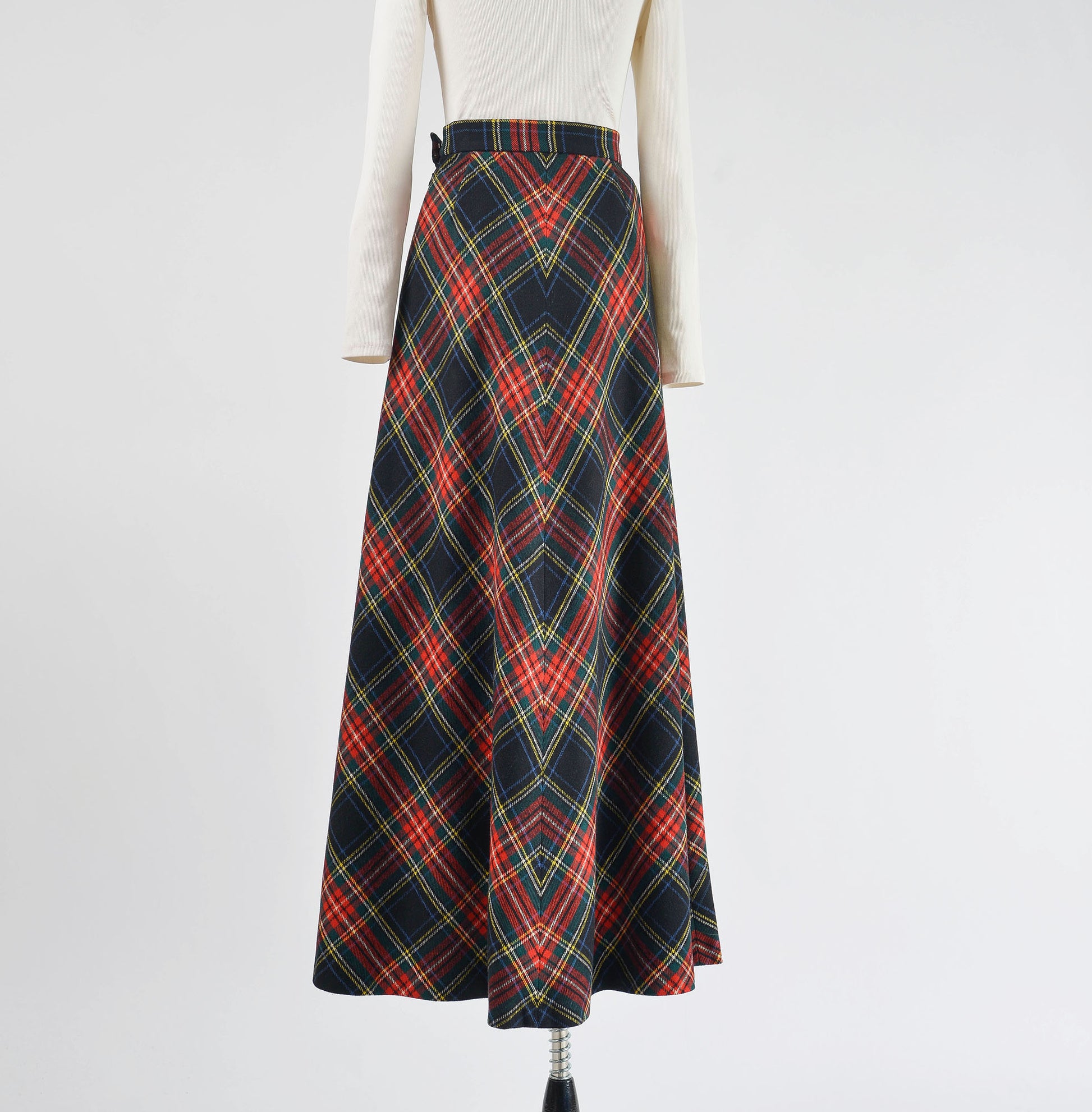 Full length back view of 70s tartan plaid wool maxi skirt.