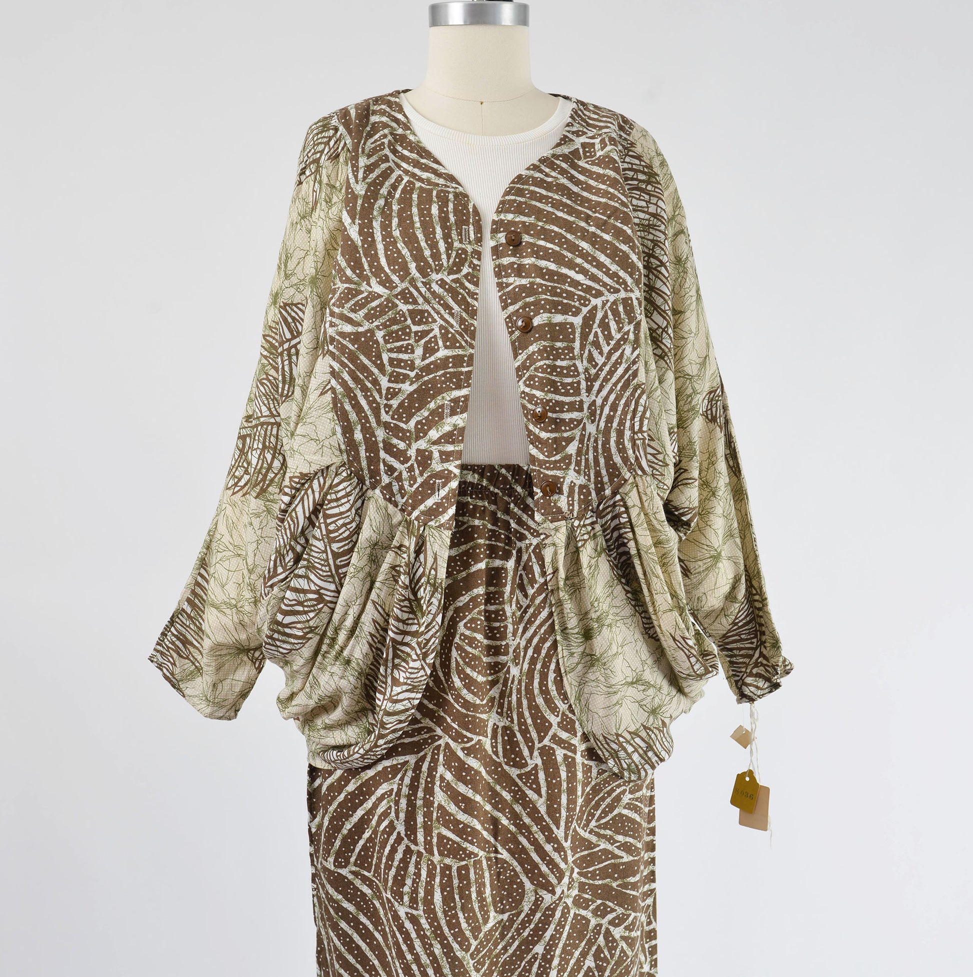 Front view of 80s abstract print boho cocoon jacket. 