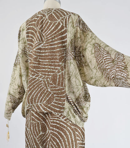 Back view of abstract leaf print cocoon jacket. 