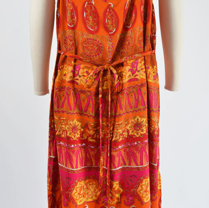 Vintage 90s Orange and Pink Batik Striped Maxi Length Slip Dress size M