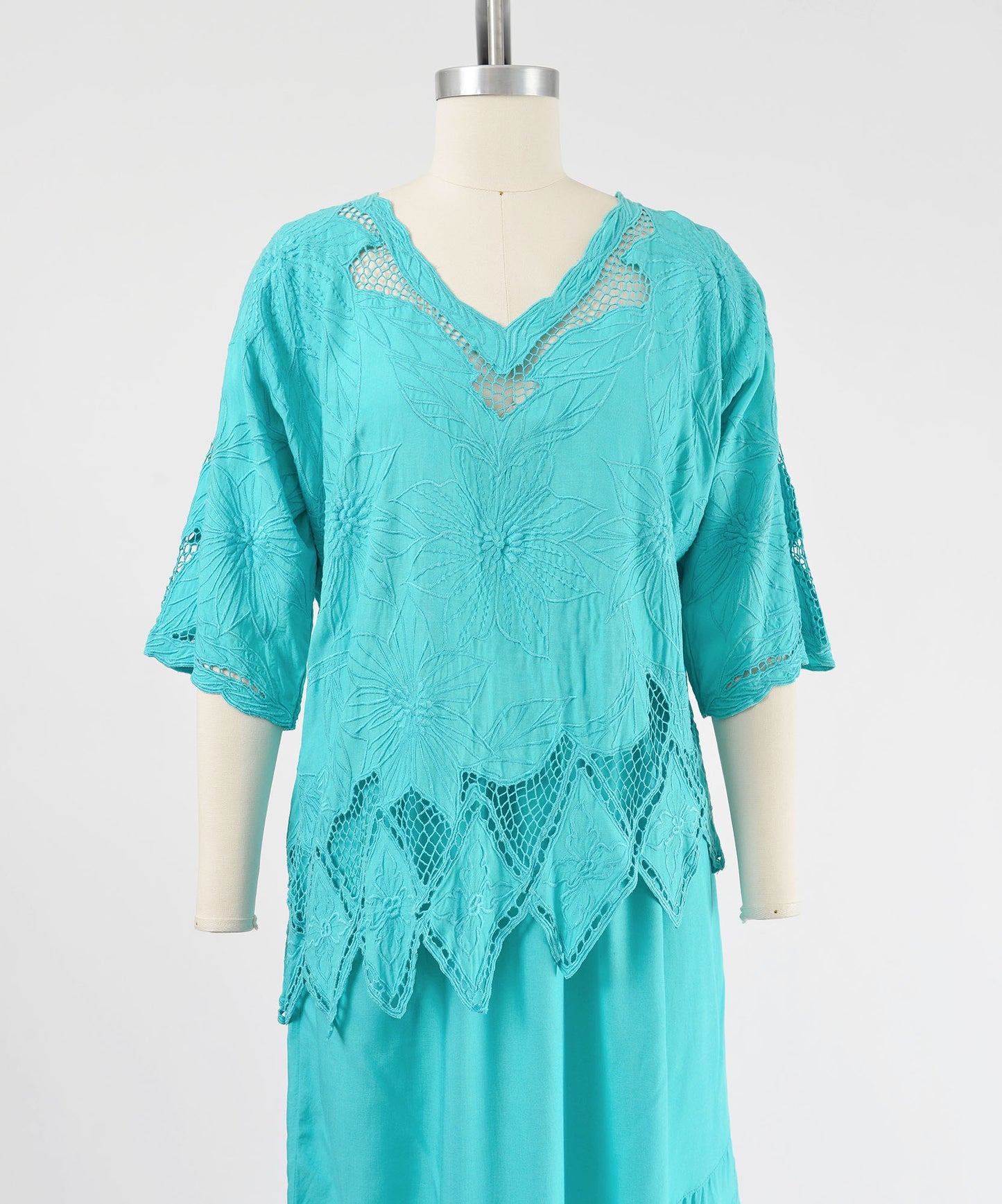 Vintage 90s Aqua Embroidered Bali Cut Lace Top and Skirt Two Piece Set Outfit size S M