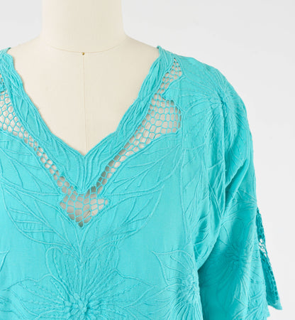 Vintage 90s Aqua Embroidered Bali Cut Lace Top and Skirt Two Piece Set Outfit size S M