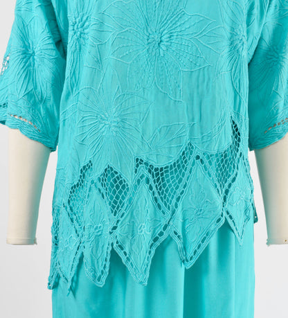 Vintage 90s Aqua Embroidered Bali Cut Lace Top and Skirt Two Piece Set Outfit size S M