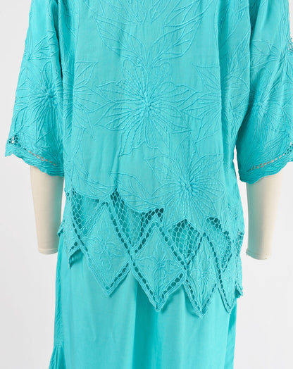 Vintage 90s Aqua Embroidered Bali Cut Lace Top and Skirt Two Piece Set Outfit size S M