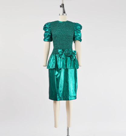 Vintage 80s Metallic Green Lame Drop Waist Ruffle Bow Party Dress size S