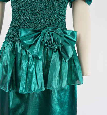 Vintage 80s Metallic Green Lame Drop Waist Ruffle Bow Party Dress size S