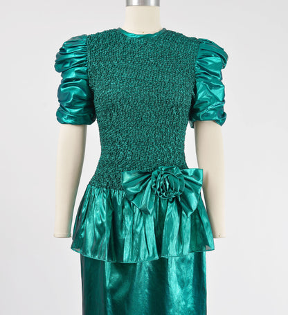 Vintage 80s Metallic Green Lame Drop Waist Ruffle Bow Party Dress size S