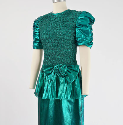 Vintage 80s Metallic Green Lame Drop Waist Ruffle Bow Party Dress size S