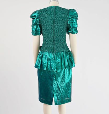 Vintage 80s Metallic Green Lame Drop Waist Ruffle Bow Party Dress size S