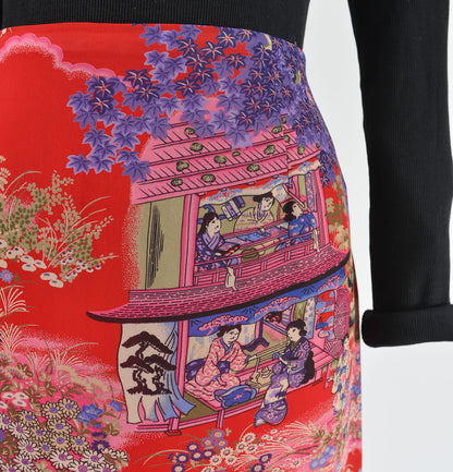 Red and purple geisha print fabric.