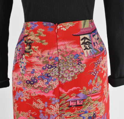 Vintage 90s Y2K Red Floral Geisha Print Maxi Skirt size M