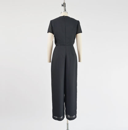 Vintage 90s Black Jumpsuit Layered Tie Waist Tapered Leg Pantsuit size S