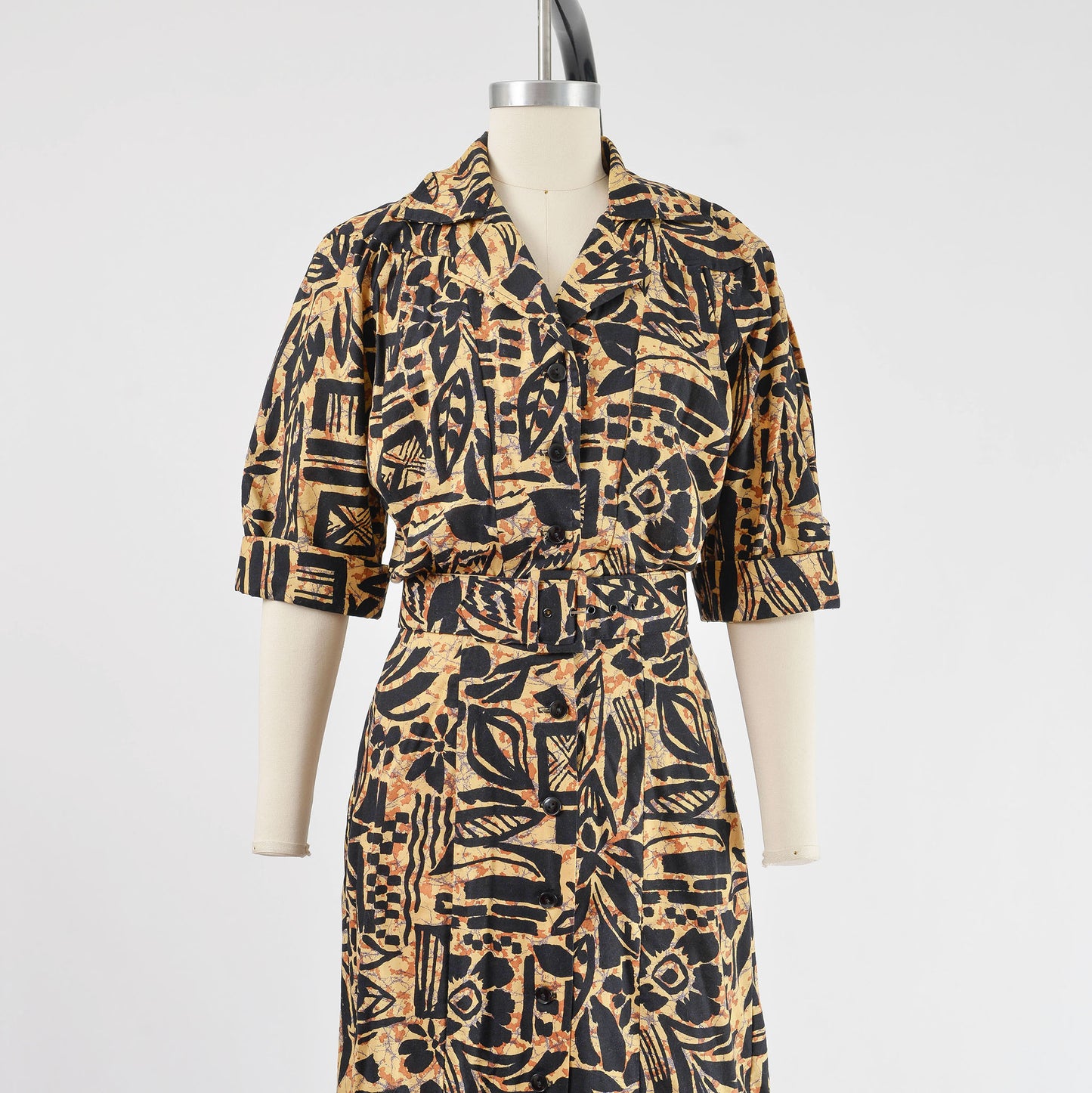 Vintage 80s Hawaiian Print Cotton Shirt Dress with Belt size XS S