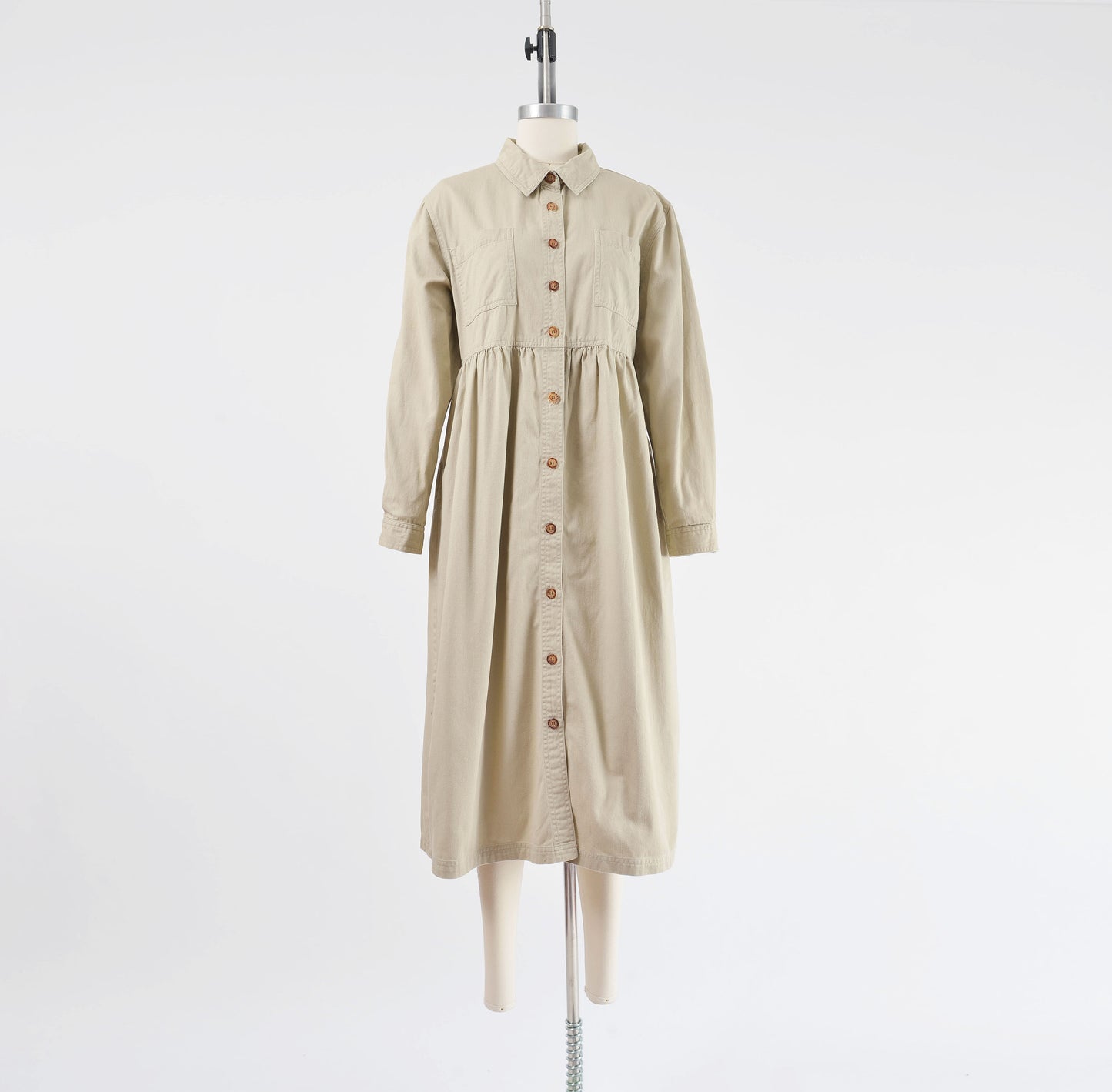 Vintage 1990s khaki cotton shirt dress with pockets.