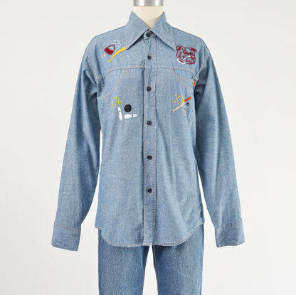 Vintage 70s Levi’s Chambray Cotton Hand Embroidered Collared Button Down Top Shirt Unisex