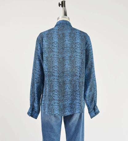 Back view of vintage 90s blue snakeskin print blouse. Semi sheer fabric. Button down front.