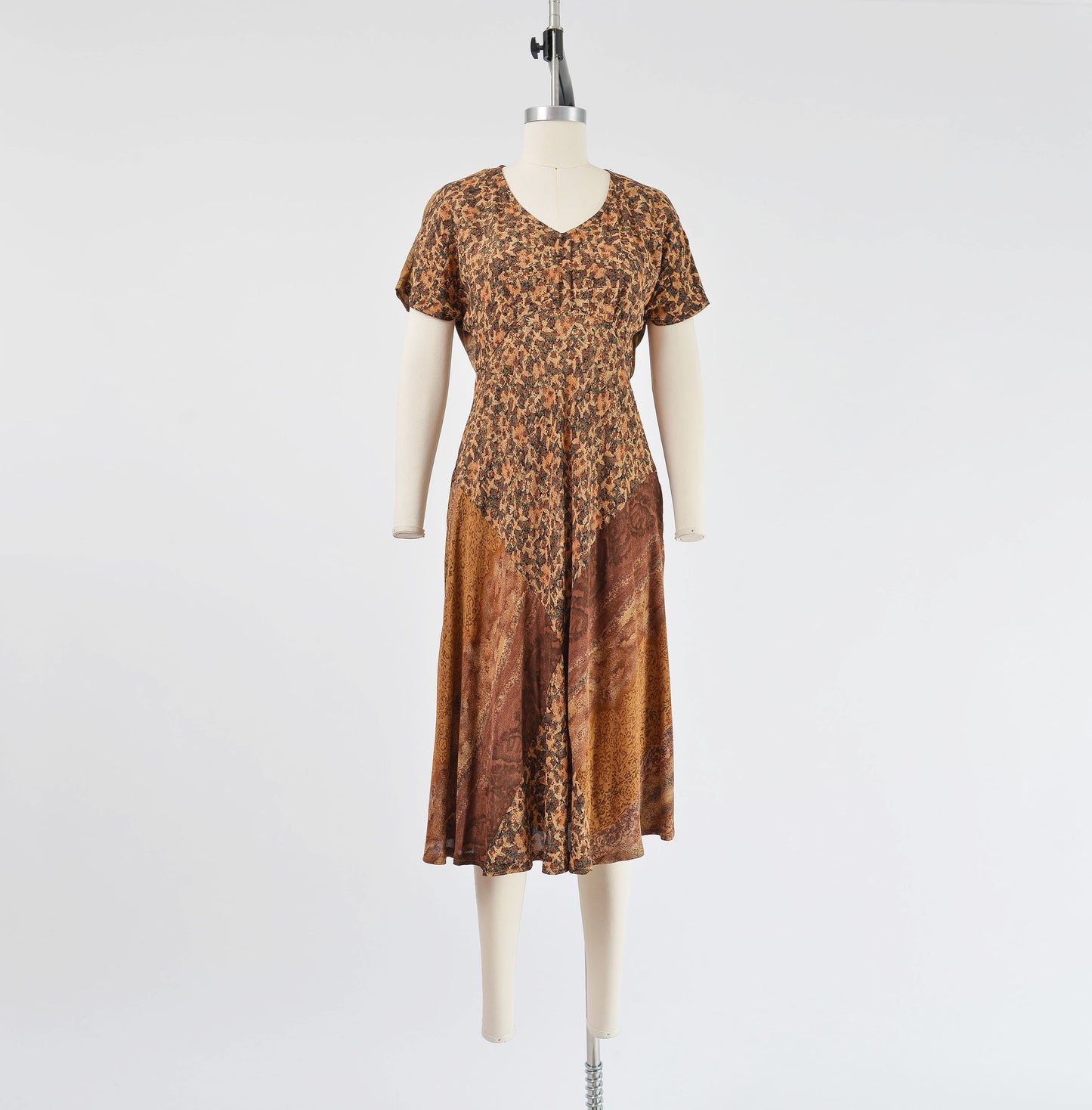 Vintage 90s Carole Little Brown Abstract Print Bias Cut Midi Dress size S