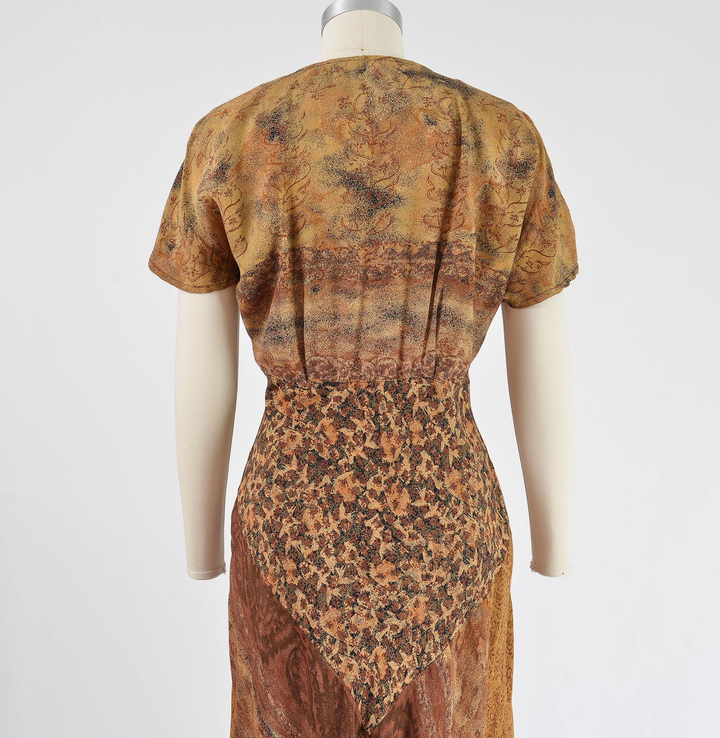 Vintage 90s Carole Little Brown Abstract Print Bias Cut Midi Dress size S