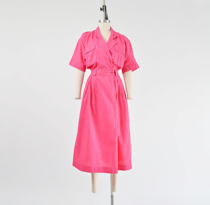 Vintage 80s Pink Cotton Shirt Dress with Pockets size L