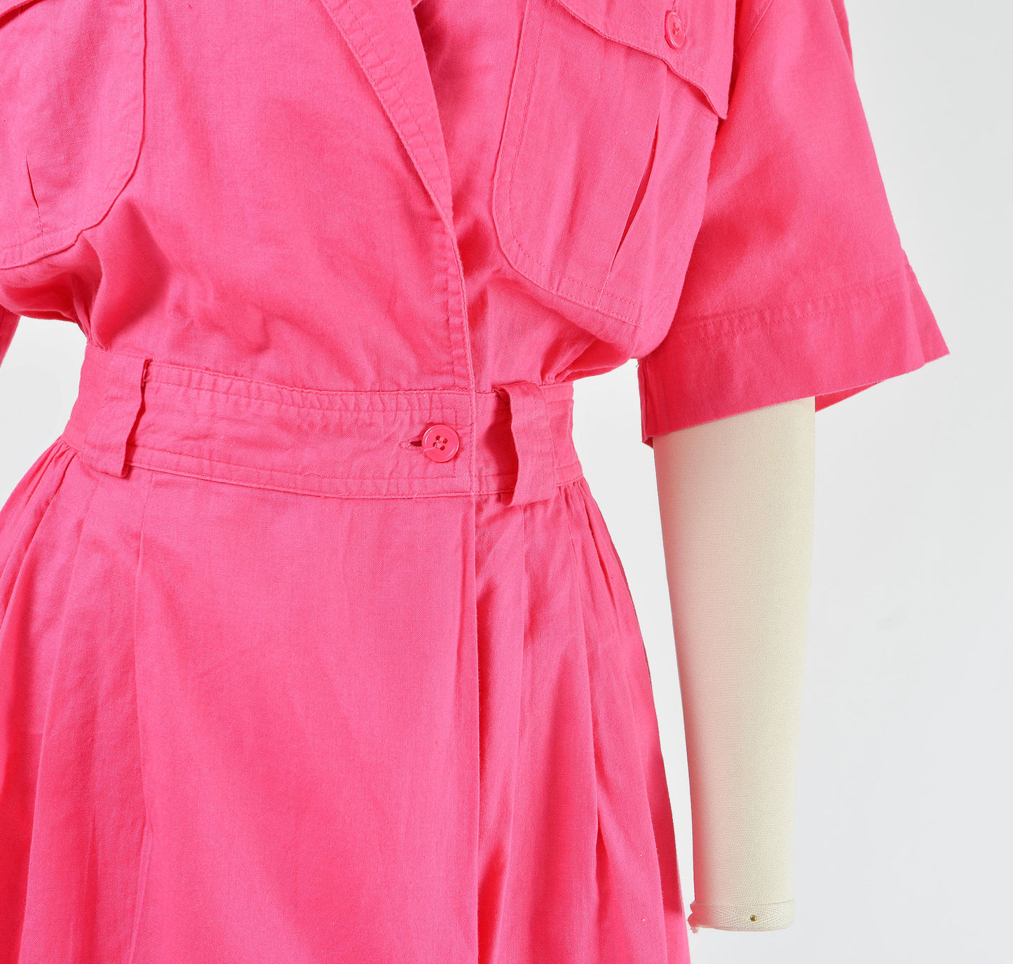 Vintage 80s Pink Cotton Shirt Dress with Pockets size L