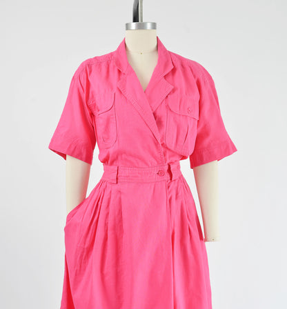 Vintage 80s Pink Cotton Shirt Dress with Pockets size L