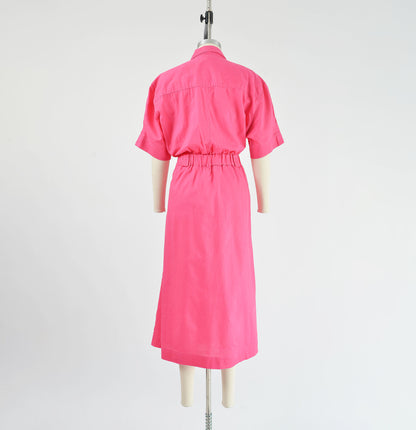 Vintage 80s Pink Cotton Shirt Dress with Pockets size L