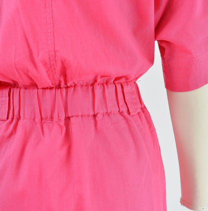 Vintage 80s Pink Cotton Shirt Dress with Pockets size L