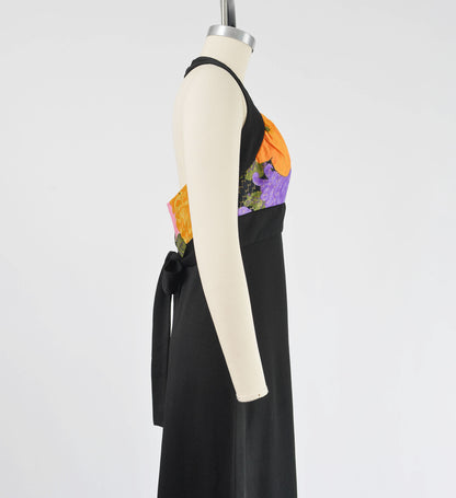 Side view of 70s floral maxi halter dress.