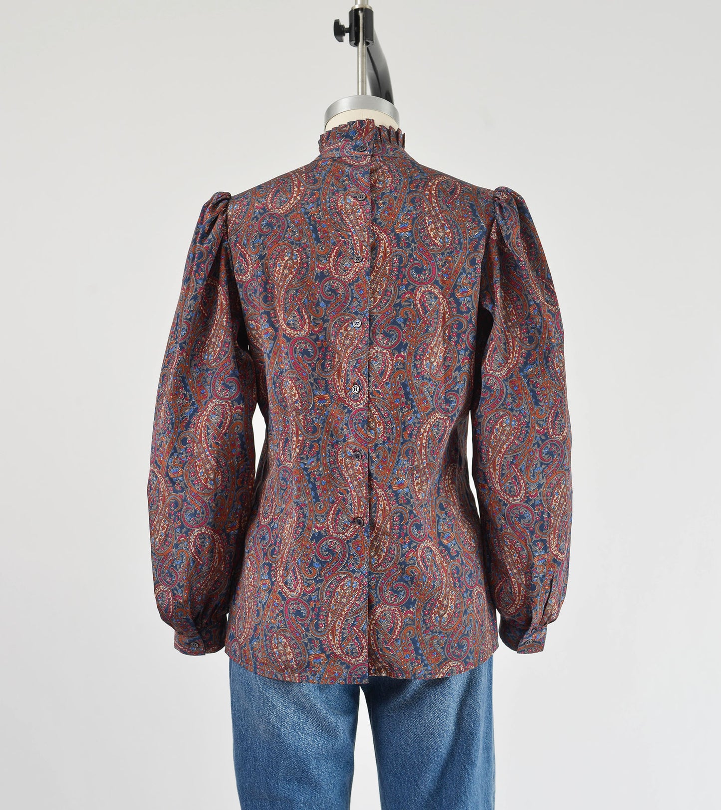 Vintage 80s Paisley Pleated Ascot Puff Sleeve Blouse size S