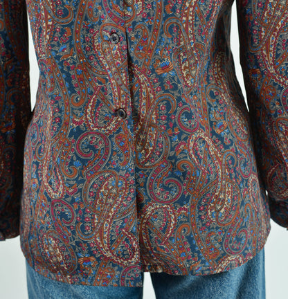 Vintage 80s Paisley Pleated Ascot Puff Sleeve Blouse size S