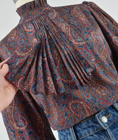 Vintage 80s Paisley Pleated Ascot Puff Sleeve Blouse size S