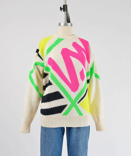 Vintage 80s Bold Cream Graphic Sweater Wool Knit Crewneck Pullover Sweater by Tyrolia size M