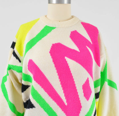 Vintage 80s Bold Cream Graphic Sweater Wool Knit Crewneck Pullover Sweater by Tyrolia size M