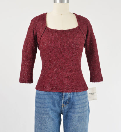 Vintage Y2K Dark Red Wine Fuzzy Sparkle Knit Stretchy Shrug Top size XS S