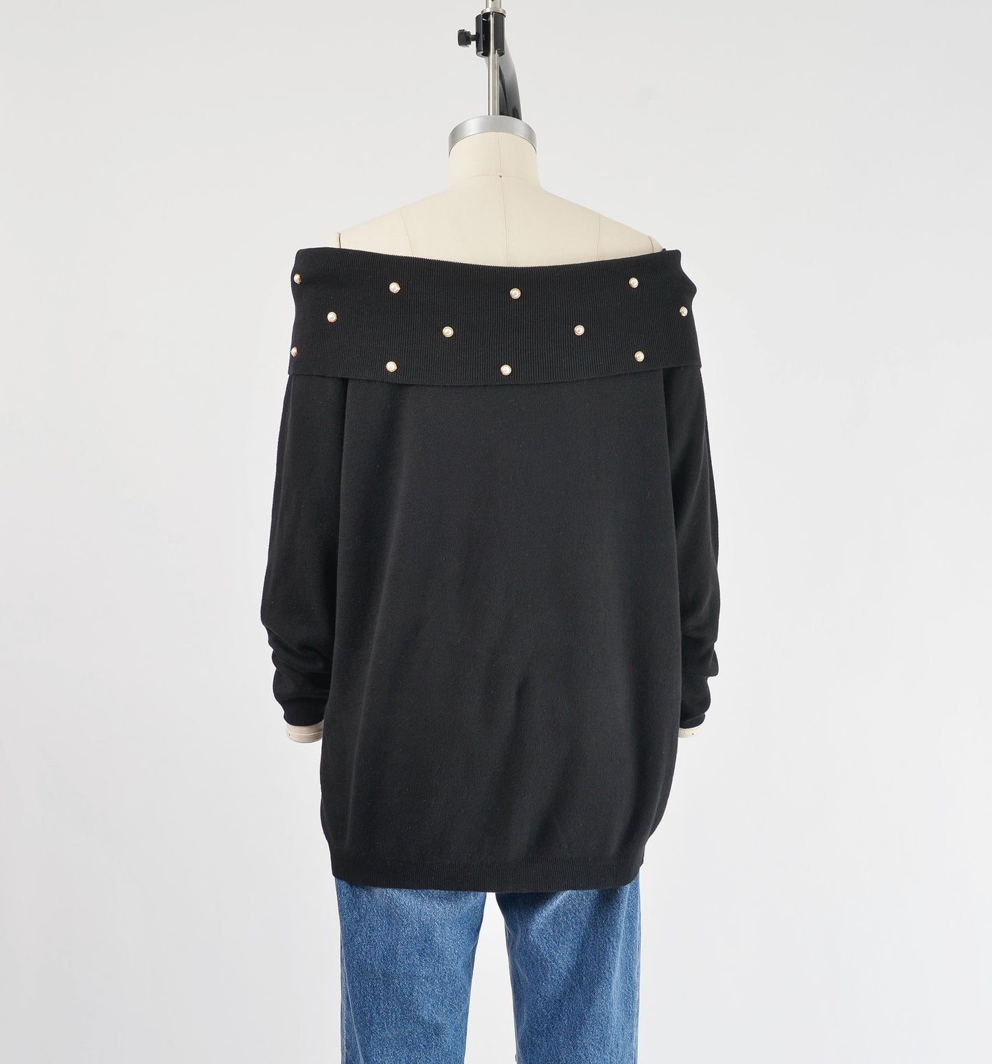 Vintage 90s Black Off the Shoulder Pearl Studded Cotton Knit Sweater Top size M