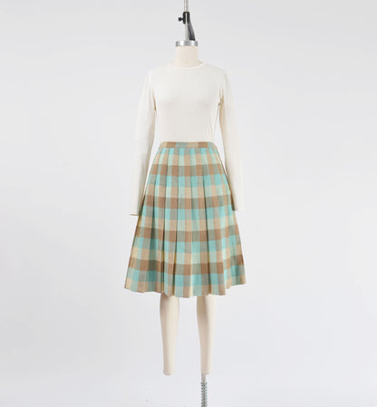 Vintage 50s Checkered Wool Knee Length Pleated Skirt size S