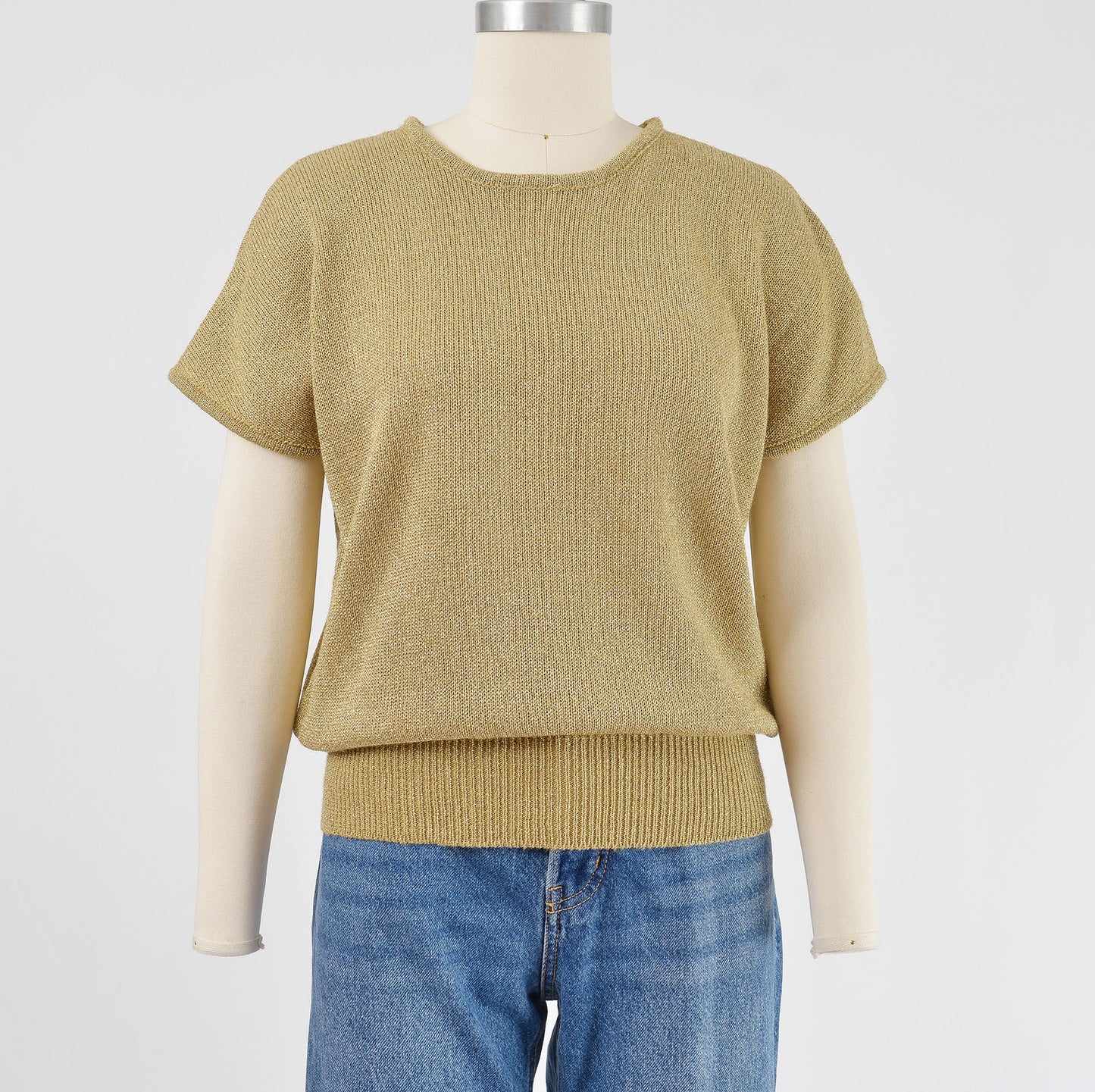 Vintage 90s Gold Lurex Knit Short Sleeve Sweater Top size S