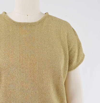 Vintage 90s Gold Lurex Knit Short Sleeve Sweater Top size S