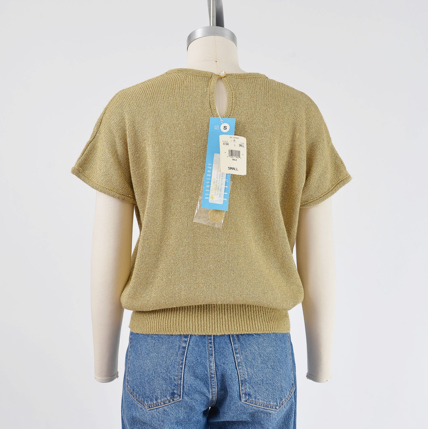 Vintage 90s Gold Lurex Knit Short Sleeve Sweater Top size S