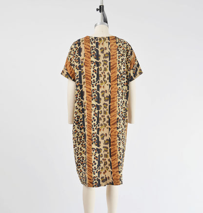 Vintage 90s Striped Animal Print Silk Sac Dress size M L