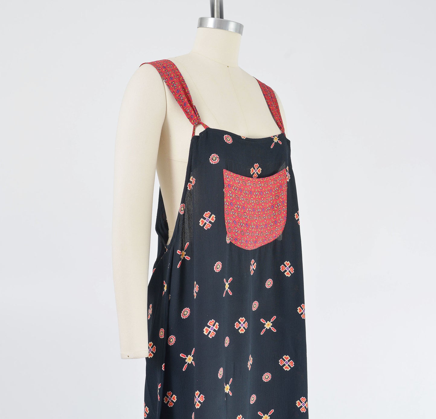 Vintage 90s Black Boho Print Pinafore Overalls Maxi Dress size M L