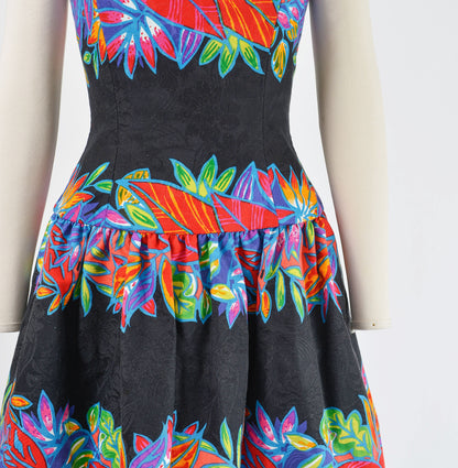 Vintage 80s AJ Bari Tropical Leaf Print Strapless Cotton Party Dress size S