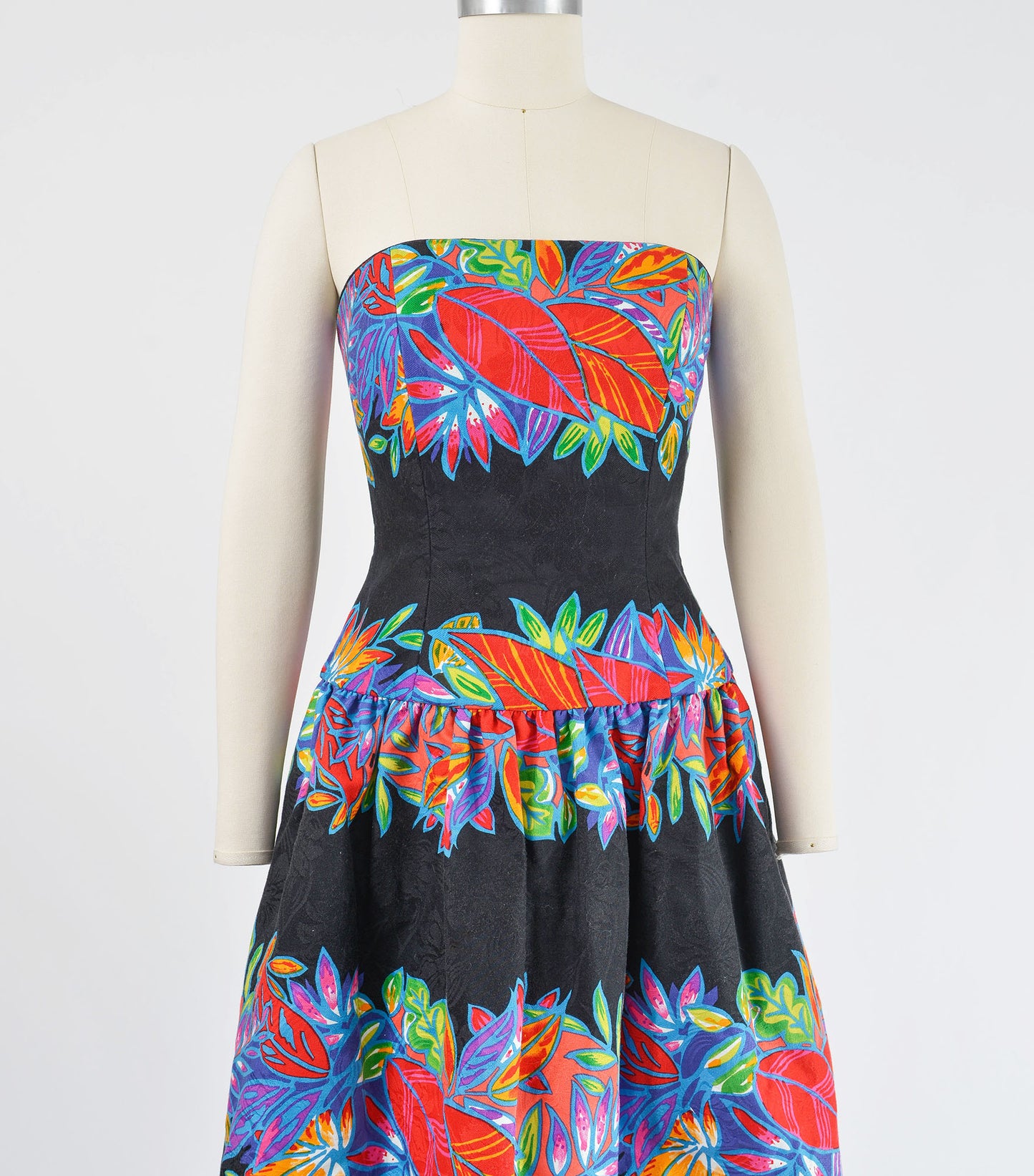 Vintage 80s AJ Bari Tropical Leaf Print Strapless Cotton Party Dress size S