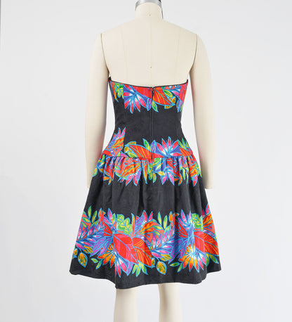 Vintage 80s AJ Bari Tropical Leaf Print Strapless Cotton Party Dress size S